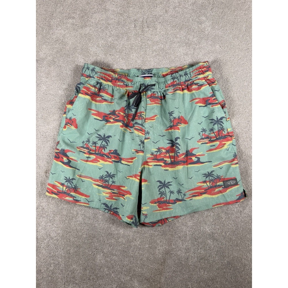 AFTCO Swim Trunks‎ Men L Mint Green Tropical Hawaiian Shorts Beach Fishing Lined